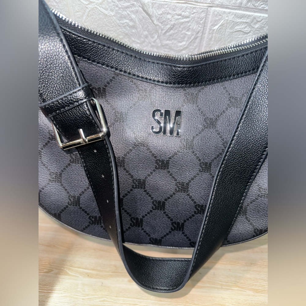 Steve Madden Dark Gray Black Polyvinyl SM Monogram Shoulder Hobo Bag - Picture 8 of 8